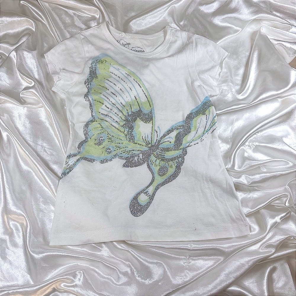 y2k T-Shirt White Good Arizona Butterfly Glitter Graphic baby Tee Vintage